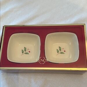 Lenox Holiday Set of 2 Dipping Bowls. Cream Square Dishes with Holly Design
